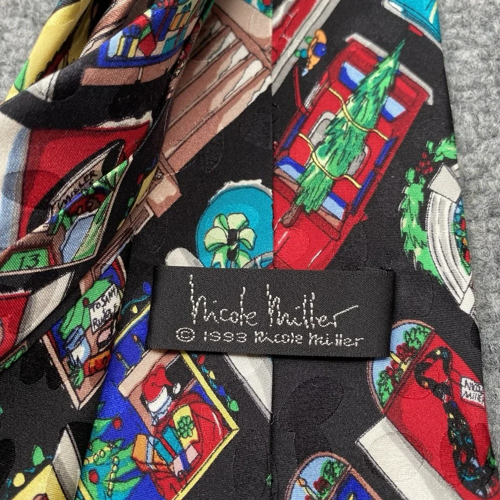 Nicole Miller Vintage 90s Silk Neck Tie Christmas Windows Holiday 1993